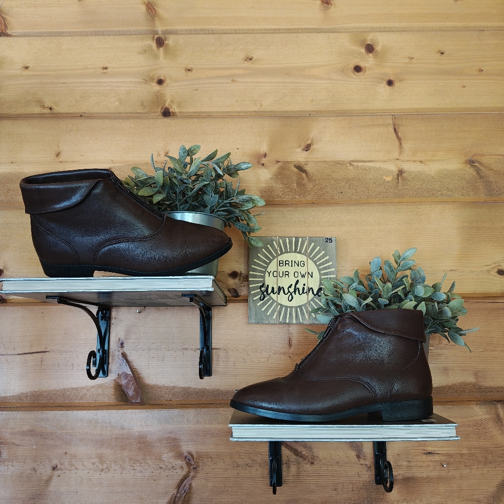Prima Royale Vintage Brown Leather Rolled Cuff Ankle Boot Prairie Zip Shoe Sz 7M